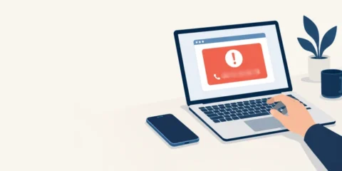 Écran d'ordinateur affichant une fausse alerte de virus avec un numéro de téléphone à appeler