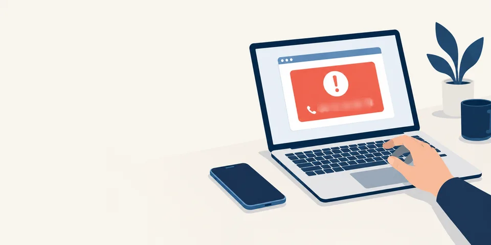 Écran d'ordinateur affichant une fausse alerte de virus avec un numéro de téléphone à appeler